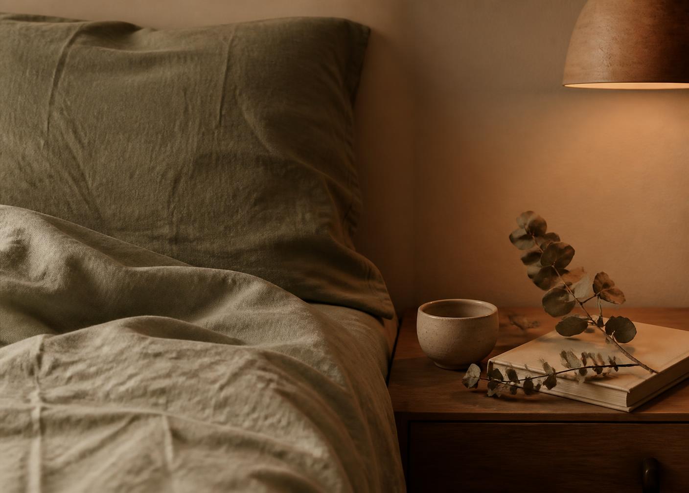 Linnen beddengoed, keramiek en eucalyptus op een houten nachtkastje